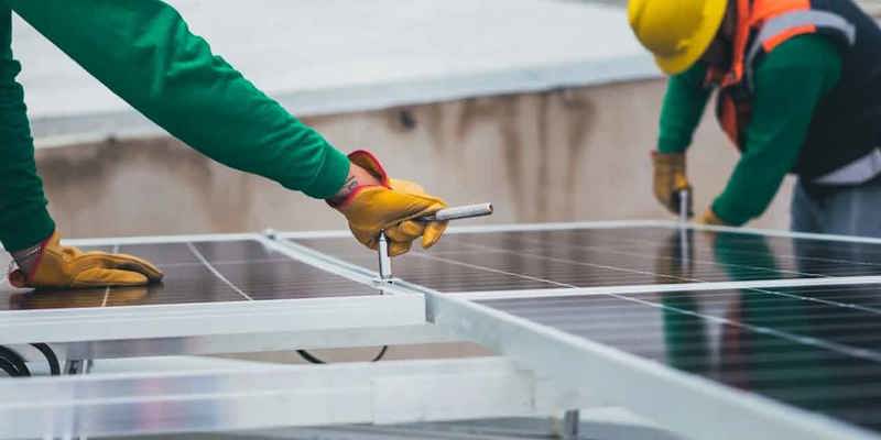 Installatörer monterar solpaneler på tak för fastighet