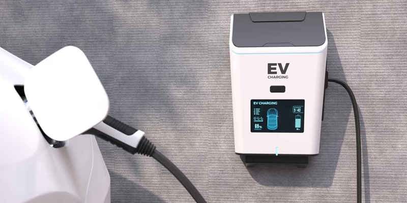 Modern väggmonterad laddstation för elbil med digital display